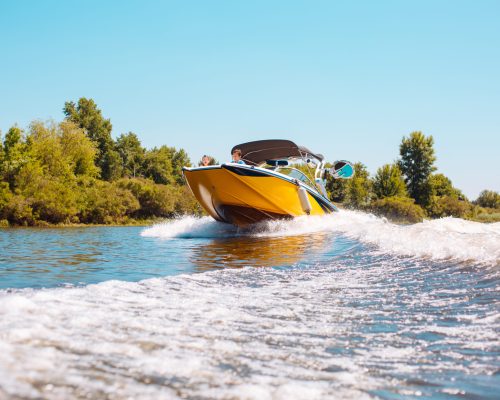 Speedboat being driven down the river while two kids peeking from the bow of the boat. They got a personal loan to purchase the boat..